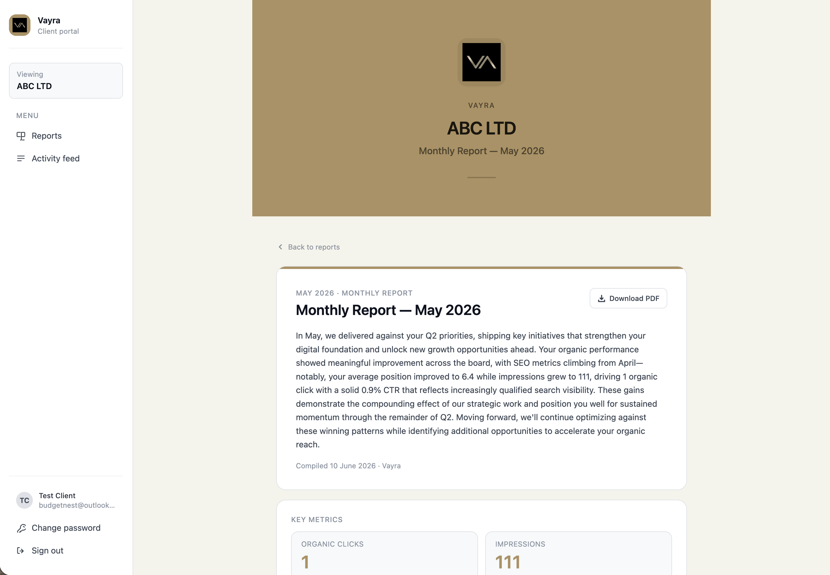 Vayra client portal — branded monthly report view
